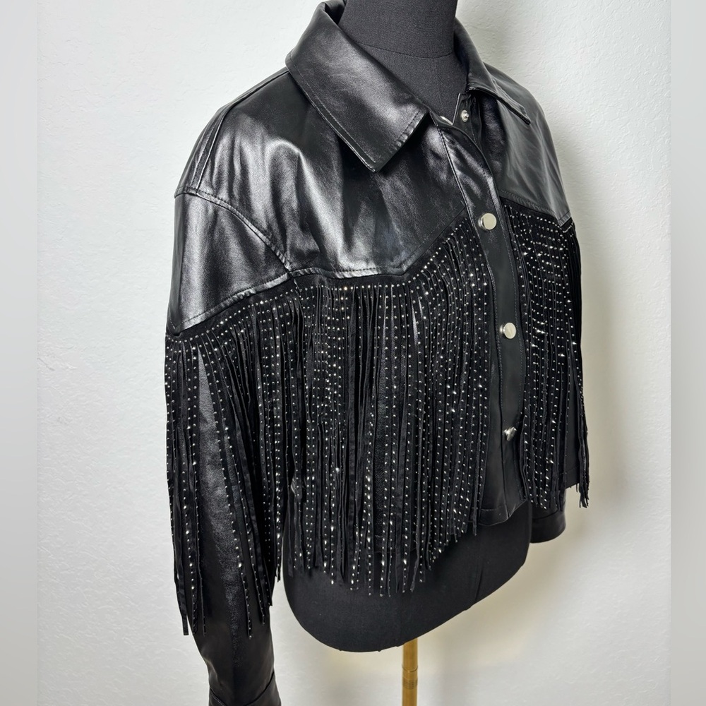 Black leather jacket with tassel rivets and fringe details/ biker style